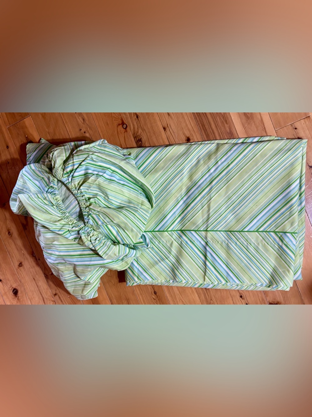 VTG Wamsutta Stripe Green Blue White TWIN Flat & Fitted Sheet Cotton/Polyester